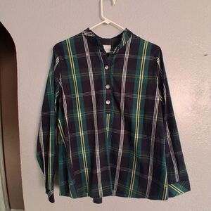 Chico's Plaid 1/2 Button Long Sleeve Blouse Plaid Holiday Tartan Jeweled 2 12/14
